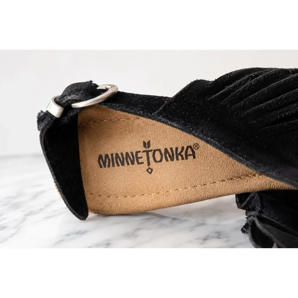 Minnetonka Ashley Fringe Espadrille Wedge Sandals Black Leather Sz 9